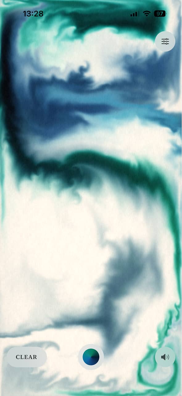inku's drawing surface: soft ink swirling across the paper, with only Clear, the current ink colour, and Mute visible along the bottom.