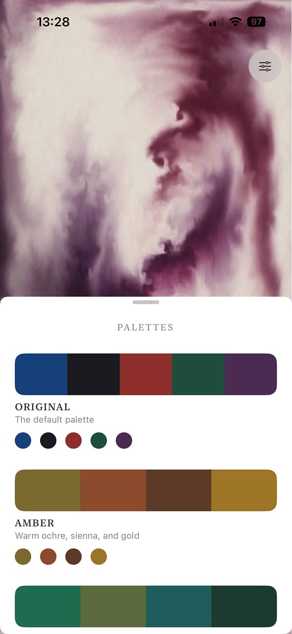 The palette drawer open, showing several ink palettes as colour strips with their names and descriptions.