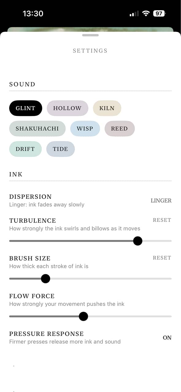 The Settings panel open, showing the list of generative sounds alongside Dispersion and Pressure Response settings.